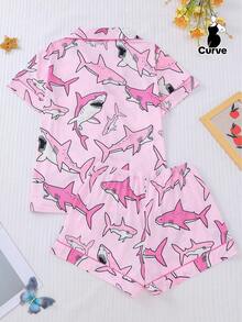2pcs Women's Pajama Set, Shark Print, Women's Loungewear, Autumn/Winter Holiday Outfit, Long Sleeve Lapel Top And Pants, Can Be Worn Out - Pink - View 4