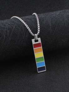 1pc Rectangular Colorful Rainbow Pendant Necklace Chain, Simple Elegant Hiphop Stainless Steel Accessory - Multicolor - View 1