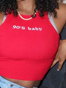 Steph T Women Summer Red Tank Top Slim Fit Casual Shirt Crop Tops Graphic Letter Print Round Neck Party Festival 90s Y2k Sexy - Red - View 8