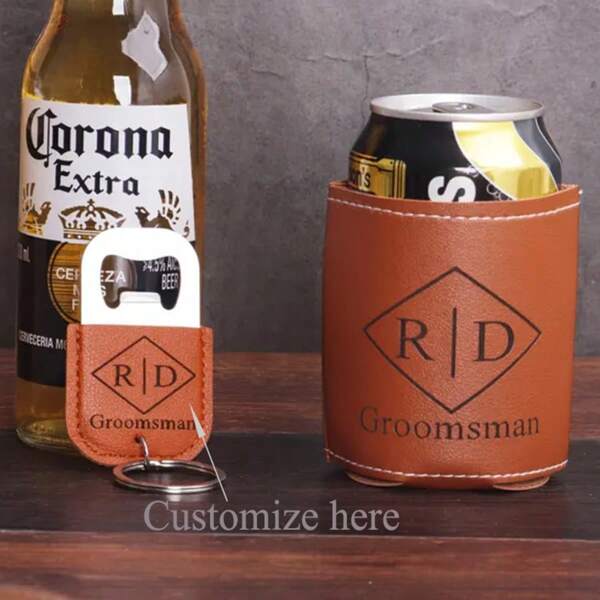 Customized Leather Can Holder And Bottle Opener Set, Wedding Gift, Groomsman Gift, Carved Leather Beer Can Holder, Refrigerated Can, Men's Wedding Party Gift Refrigerated Can