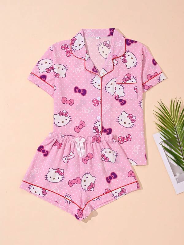 Sanrio 2pcs/Set Sanrio Hello Kitty Bubble Print Casual Sleepwear Set For Women, Loose Fit Short Sleeve Round Neck Top And Pants