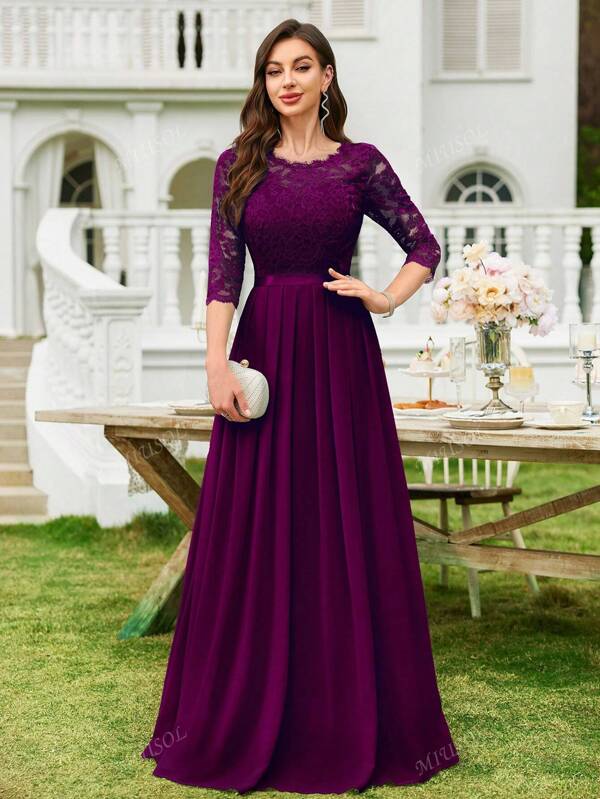 MIUSOL Elegant Floral Lace Chiffon Pleated Hem Formal Party Dress