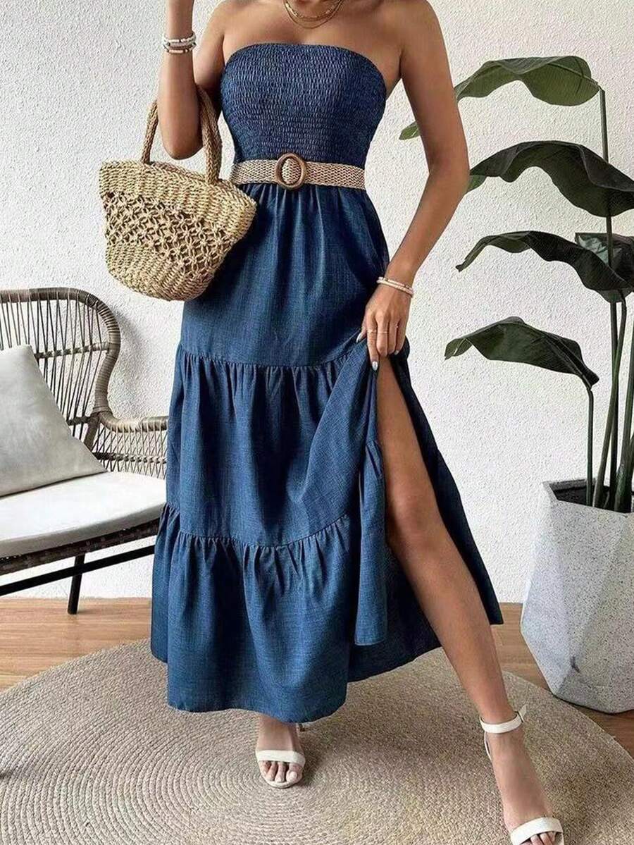 Đầm vải dệt kiểu retro dễ thương, gợi cảm, đa năng, phù hợp cho mùa xuân và hè, thích hợp cho kỳ nghỉ, hàng ngày, tiệc sinh nhật, tiệc độc thân, du lịch, trang phục sân bay, hở lưng, không dây đeo vai, thanh lịch. - Màu xanh hải quân - Xem 1