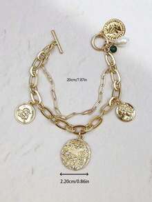 1pc Double-Layer Green Crystal & Waterdrop Pearl Decor Chain Bracelet, Suitable For Daily Wear - Multicolor - View 3