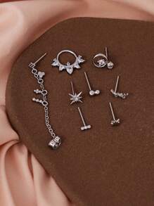8pcs Delicate Cubic Zirconia Inlay Chain Drop Earrings Set, For Women's Daily Dates, Parties And Occasions