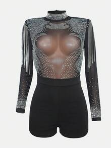 Sexy Contrast Mesh Sheer Zipper Unitard For Women WithLong Sleeves And Short Length High Stretch Polyester Party WearBlack Silver Rhinestone Fringe Sheer Mesh, High-Neck Long-Sleeve Shorts Jumpsuit,Autumn/Vinter Christmas Party Luxury Romper - Black - View 4