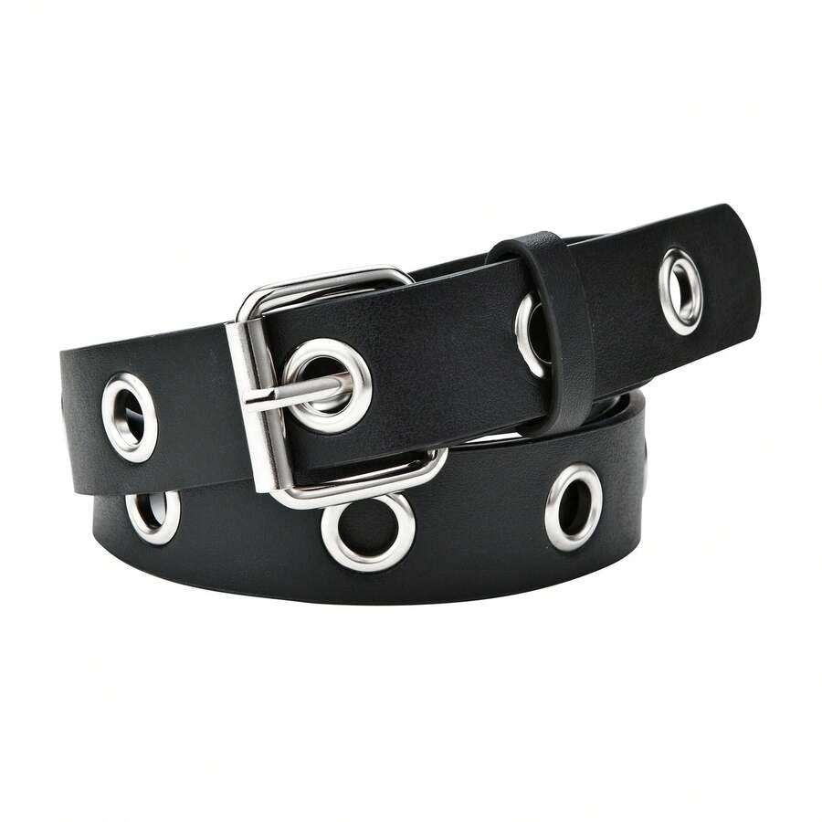 Punk Style Women Perforated Waist Belt With Metal Eyelets And Pin Buckle - Black - View 1