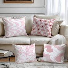 4pcs Set Green Minimalist Daily Use Pink Floral Geometric Pattern Throw Pillow Cover, Single-Sided Printed Peach Velvet Fabric, 45*45cm/18*18inch Cushion Cover For Modern Sofa, Indoor Decor, Party Decor, Gift - Multicolor - View 6