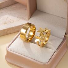 2 件/套 简约不锈钢 18k 镀金情侣戒指 情侣戒指 求婚戒指 新娘和新郎结婚戒指 带粉色皇冠戒指盒 4mm 内外圆形金戒指 适合男女情侣日常婚礼佩戴 - 金色 - 查看 4