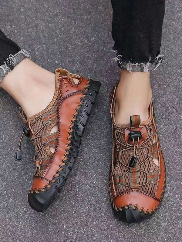 Sandalias casuales para hombre hechas a mano con costuras, zapatos casuales minimalistas de malla para hombres, zapatos para hombre para verano, senderismo al aire libre, ocio, transpirables y antideslizantes, en verde/marrón/negro, tallas grandes 45 46 47 48