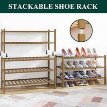Shoe Rack Closet, 3 Tier Wooden Stackable Shoe Organizer, Standing Shoes Storage Shelf Entryway, Front Door Entrance, Natural - 核桃 - 查看 4
