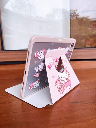 Sanrio Custodia protettiva rotante a tre ante in pelle PU con pannello posteriore in acrilico trasparente, a tema Hello Kitty, stile cartone animato giapponese Sanrio, adatta per iPad 2/3/4, Mini 6, iPad Air 3/4/5/6, iPad Pro, con supporto regolabile