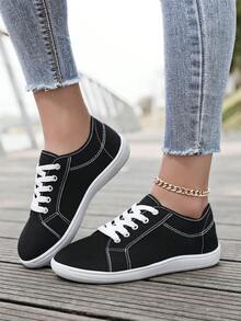 Barefoot Shoes For Men Women Wide Toe Box Cross Training Shoes, Zero Drop Minimalist Unisex Fashion Sneaker, Wide Width Canvas Lace-Up Shoes - Black and White - View 1