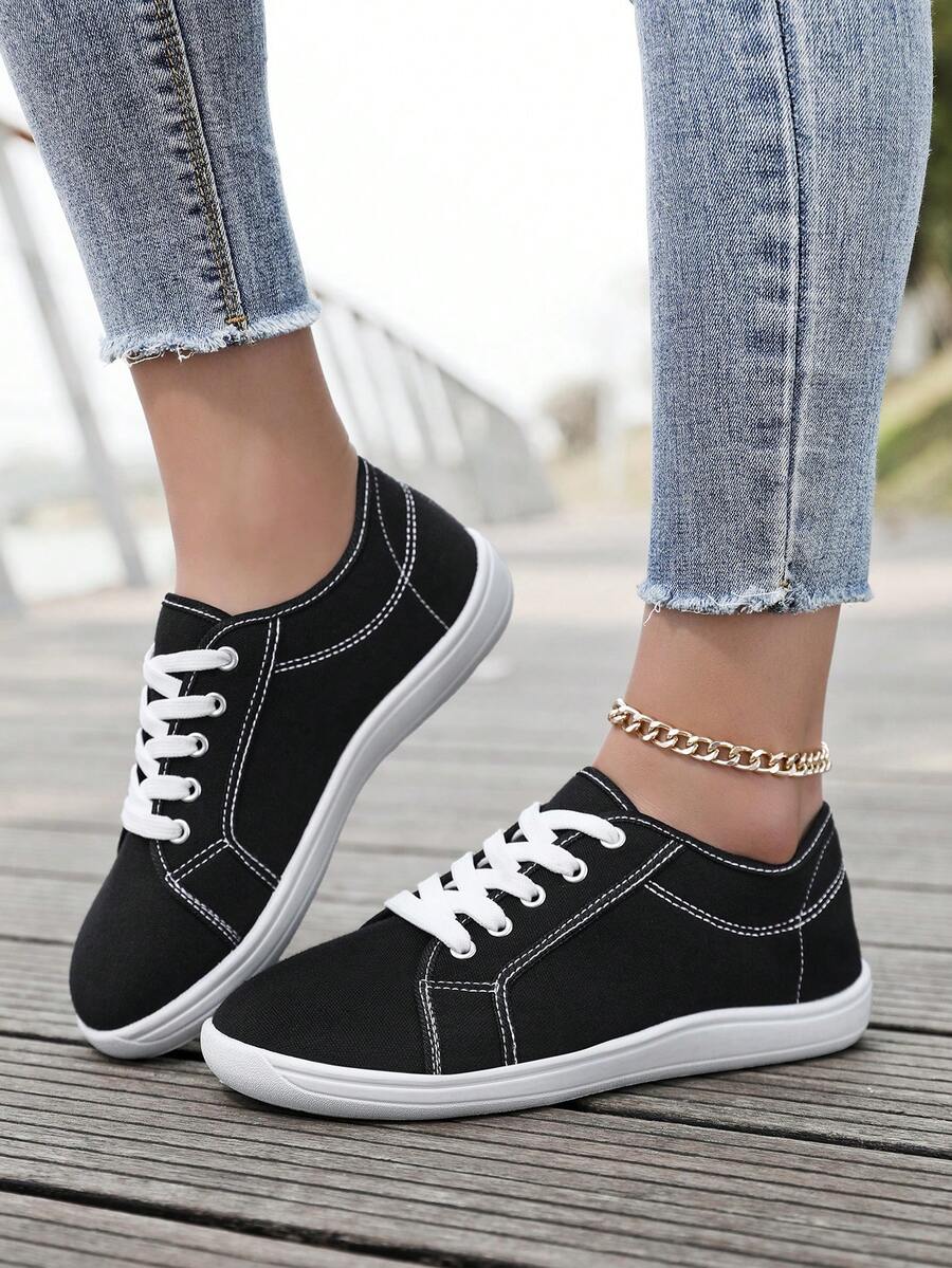 Barefoot Shoes For Men Women Wide Toe Box Cross Training Shoes, Zero Drop Minimalist Unisex Fashion Sneaker, Wide Width Canvas Lace-Up Shoes - Black and White - View 1