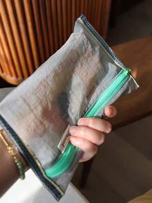 Transparent Nylon Mesh Pouch Bag, Portable Lightweight Foldable Storage Organizer For Documents, Cards, Cables And Stationery - Grey - View 3