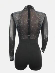 Sexy Contrast Mesh Sheer Zipper Unitard For Women WithLong Sleeves And Short Length High Stretch Polyester Party WearBlack Silver Rhinestone Fringe Sheer Mesh, High-Neck Long-Sleeve Shorts Jumpsuit,Autumn/Vinter Christmas Party Luxury Romper - Black - View 5