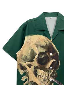 1 件 140 克四向弹力休闲衬衫，男士沙滩衬衫，男女通用嘻哈复古 Y2K 骷髅彩绘风格，简约个性化，黑色，适合夏季，军绿色