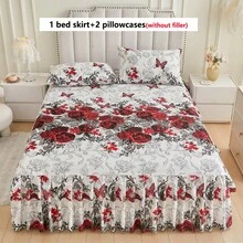 3件套亲肤柔软花卉印花床裙套装（1件床裙+2件枕套），吸湿排汗透气，抗皱，安静，适合所有季节，优雅印花设计，时尚外观，适用于卧室和酒店