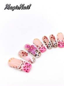 10 Pieces Of Pure Hand-Pressed Wearable Nail, Press On Nails,Nail Supplies,Nails Ptess On,Beach Essentials,33mm-Length Nail Pieces, Pink And White Contrasting Colors, Hand-Kneaded Raised Flowers With Pink Strokes