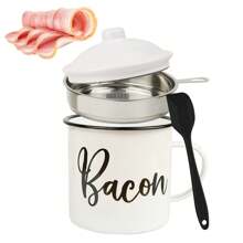 46oz Large Enamel Bacon Grease Container Set With Strainer And Silicone Spatula - Dishwasher Friendly, PVC-Free Kitchen Oil Keeper For Cooking Fat Storage