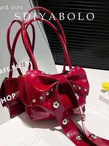 时尚红色蝴蝶结铆钉单肩腋下包新款女士新款夏季高端别致可爱坏蛋休闲水桶包、手机和零钱包 - 彩色 - 查看 3