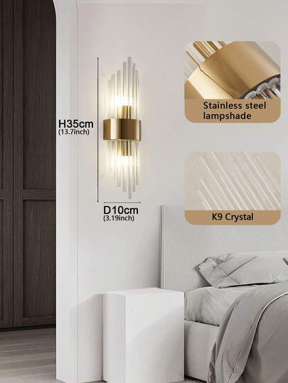 1pc Goud Long Crystal Wand Sconce Stainless Steel Base Living Room, Stairwell, Entrance Hall, Bedroom, Corridor Aisle, Bedside Table, Cafe Other Home Ambiance Sconce, Background Creative Sconces view 2