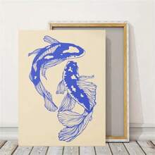 1 Stück Blauer Koi Fisch Leinwanddruck, japanisches retro Glück Wandkunst Poster für modernes Wohnzimmer, Schlafzimmer, Studentenwohnheim - Ideales Geschenk, Leinwandgemälde, Heimdekoration, optionaler Rahmen