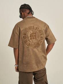 MT99 Casual American Style Suede Patch Embroidered Round Neck Short Sleeve T-Shirt, Loose Fit Brown Top Unisex - Coffee Brown - View 2