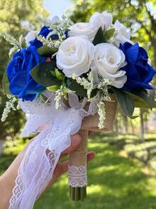 10英寸心形水晶新娘捧花，蕾丝蝴蝶结丝绸玫瑰婚礼仪式道具，毕业舞会礼物