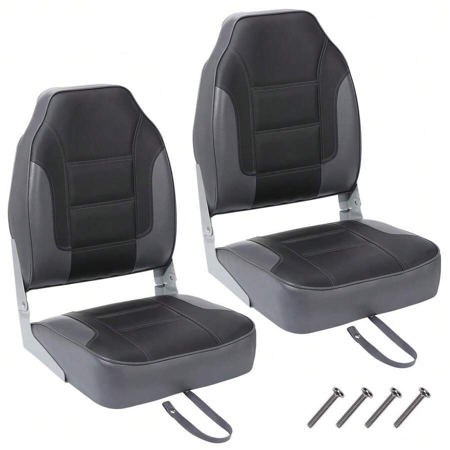 Broadfashion Boat Seats 2 Packs, Folding High Back Fishing Waterproof Pontoon Boat Seat, Boat Chairs With Stainless Steel Screws, Thickened Cushion - Black+ Grey - 查看 1