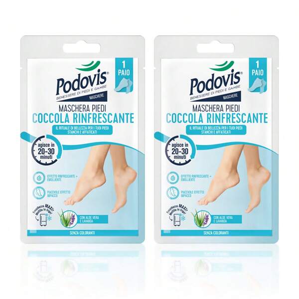 Podovis Maschera Piedi Coccola Rinfrescante, Maschera Rilassante, Effetto Impacco, Sollievo per Piedi Stanchi e Pesanti, con Aloe Vera ed Estratto di Lavanda, 2pz