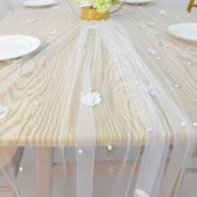 1 pieza Mantel de mesa con encaje y flor blanca, decoración de mesa de boda al aire libre romántica con perlas y flores, decoración de mesa para fiesta, banquete, postre, mantel traslúcido de gasa para arco de cumpleaños y fiesta