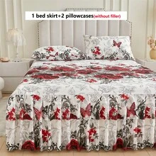 3件套亲肤柔软花卉印花床裙套装（1件床裙+2件枕套），吸湿排汗透气，抗皱，安静，适合所有季节，优雅印花设计，时尚外观，适用于卧室和酒店