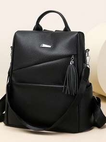 Stylish Women's Large Capacity Travel Backpack With Tassel Decor & Anti-Theft Protection, School Backpack - Black - View 2