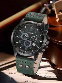 4-Piece Men's Green Strap Fashionable Business Arabic Numeral Scale With Calendar Quartz Watch Bracelet Jewelry Set Suitable For Daily Wear Decoration Or Holiday Gifts - Green - View 2