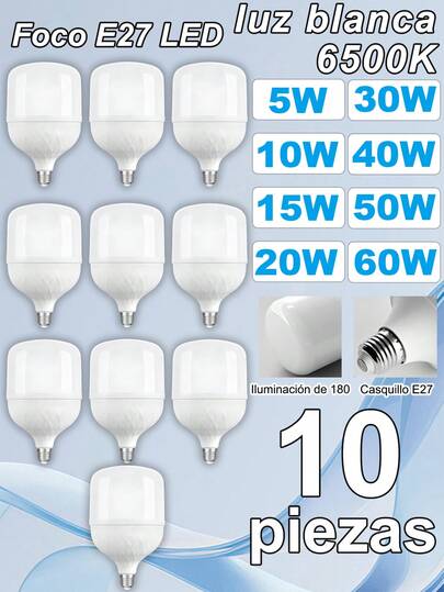 1/6/10 Piezas Foco ahorrador led de luz fría 5W/10W/15W/20W/30W/40W/50W/60W PAQUETE FOCOS,FOCO Luces LED de alta potencia,E27/6500K Interior Exterior Casa Oficina Terraza Patio