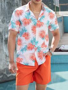 Men's Casual Set With Short Sleeve Shirt And Printed Shorts - 橘色 - 查看 6