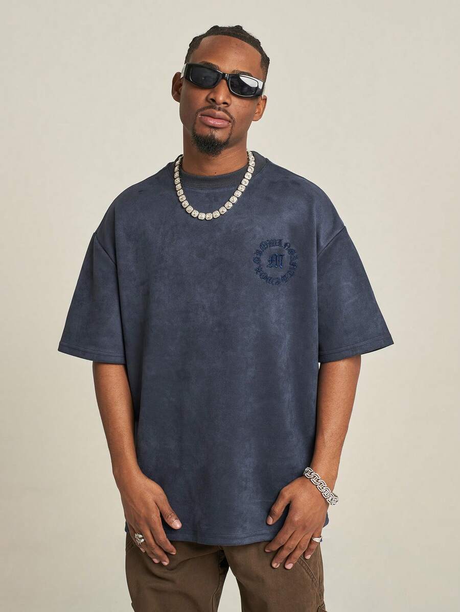 MT99 休闲美式麂皮刺绣短袖T恤，宽松版型藏蓝色男女通用上衣 - 藏蓝色 - 查看 1