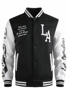 Men Contrast Color Patchwork Slogan Print Baseball Jacket, Fall