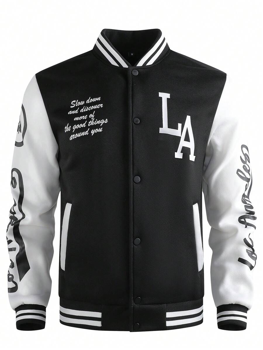 Men Contrast Color Patchwork Slogan Print Baseball Jacket, Fall