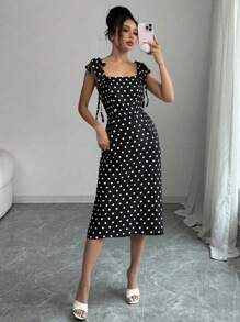 Abito midi da donna elegante e vintage, con scollo a pois e colletto, orlo arricciato, fiocco, in tessuto jacquard elegante e vintage, adatto per eventi all'aperto, uscite serali, giardino in estate