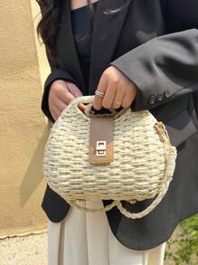 Bolso de mujer minimalista y de moda con diseño tejido de conchas, bolso de hombro/bandolera portátil con cierre de giro, adecuado para vacaciones y viajes