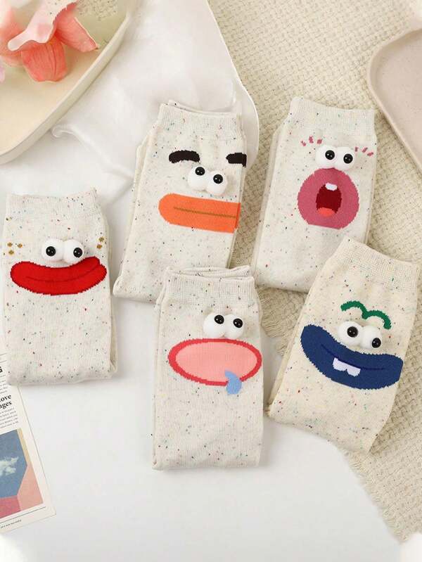 1/5 Pairs (Random Mix) Women Unique Wacky Cute Eye Dot Pattern Interesting Mid-Calf Socks, Suitable For Daily Outfit