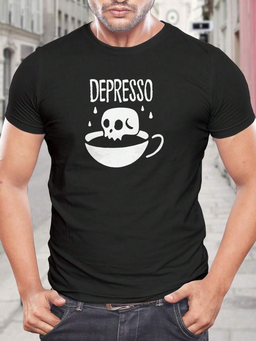 Camiseta gráfica divertida con calavera depresiva y diseño de taza de café - Camiseta gótica para amantes del café para hombres y mujeres - Idea de regalo única - Camiseta negra informal de manga corta
