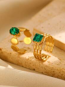 Elegant Vintage-Style 18K Gold-Plated Stainless Steel Inlaid Emerald Green Glass Heart Geometric Ring, Fashion Jewelry Versatile For Daily And Party Wear