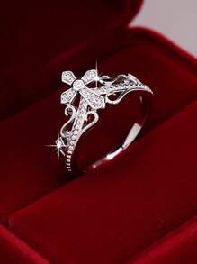 1pc Elegant & Geometric Cross & Heart Zirconia Ring, Suitable For Women/Men, Couples, Valentine's Day Gift, Daily Outfit, Party Accessory