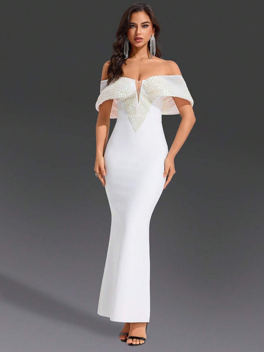 DEIVE TEGER Gaun Wanita Putih Model Bandage, Desain Bahu Terbuka dengan Manik-Manik Kontras Warna, Gaun Malam Formal Bodycon, Cocok untuk Pesta, Tamu Pernikahan, Wisuda, Perjamuan - Putih - View 1