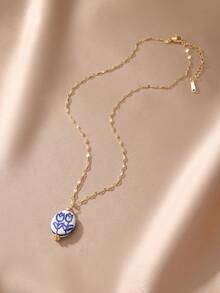 1pc Vintage Style Porcelain Pattern Multi-Element Heart & Flower Pendant Necklace, Suitable For Women Everyday Wear - Multicolor - View 5