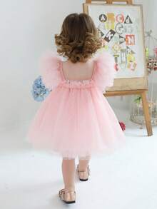 女婴粉色蝴蝶结盖袖公主裙，适合 1 岁生日派对、婚礼、典礼、节日庆典 - 淺粉色 - 查看 6