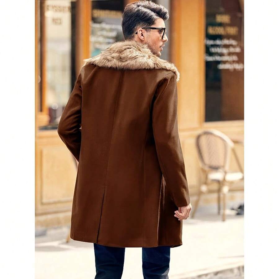 Local Delivery-Top Coat Double Breasted Business Long Pea Coat Men's Winter Trench Overcoat Removable Faux Fur Collar - Brown - View 1
